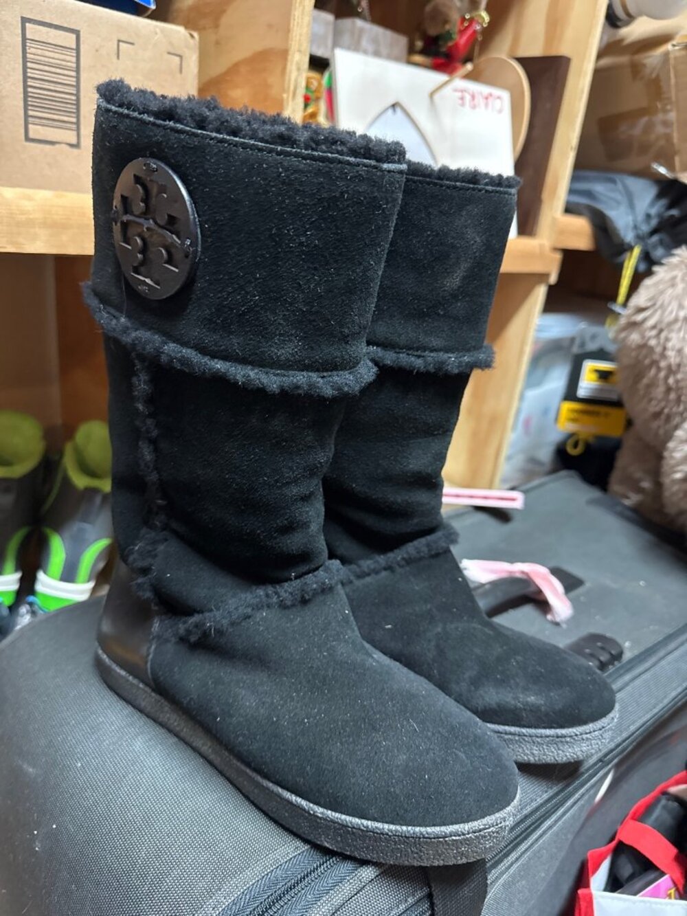 Tory Burch Black Suede Shearling-Lined Boots — Size 4